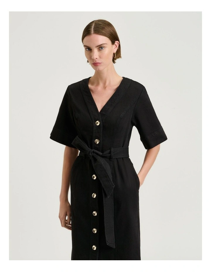 Stretch Denim Pencil Dress in Black image 3