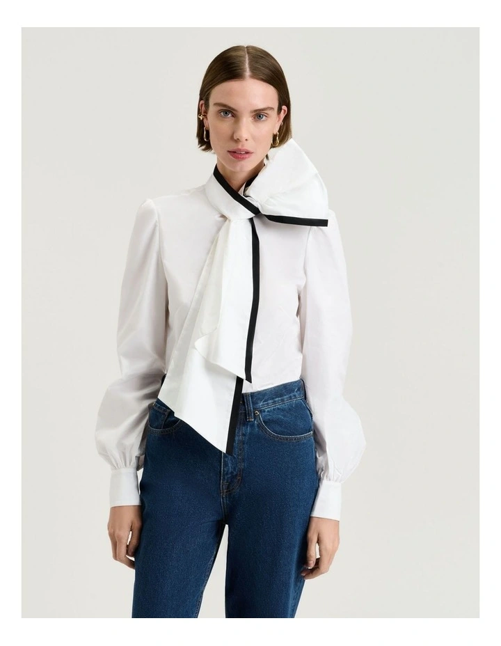 Cotton Sateen Bow Blouse in White image 1