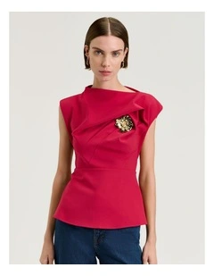 Stretch Crepe Flower Brooch Top in Red