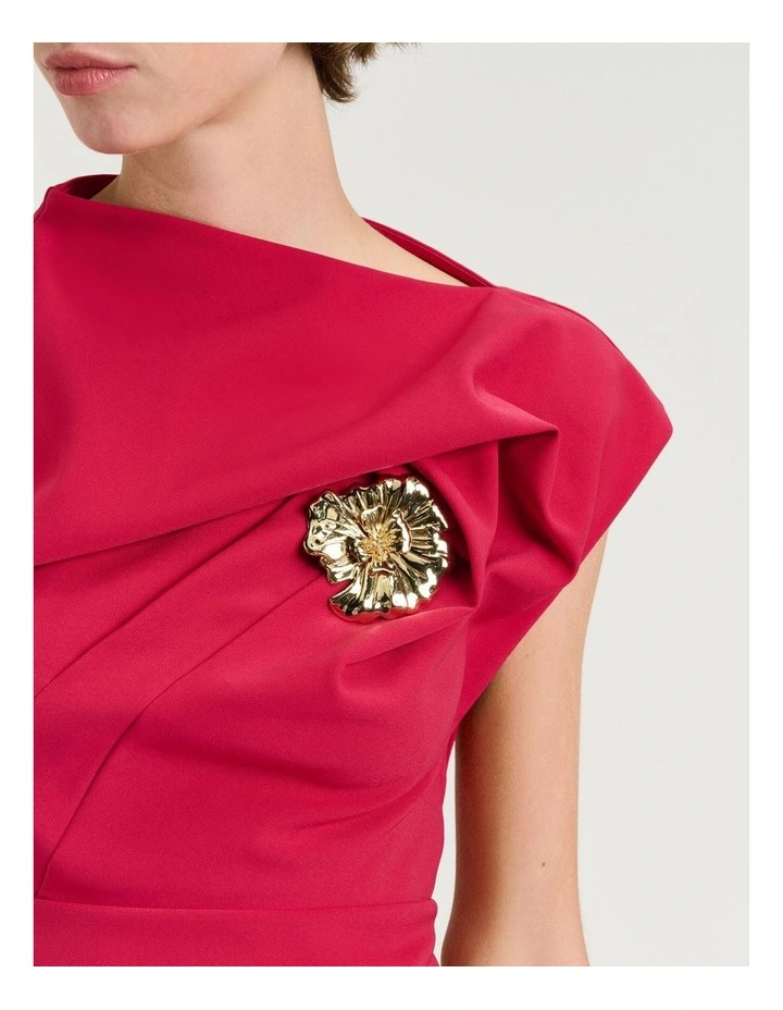 Stretch Crepe Flower Brooch Top in Red image 3