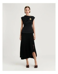 Stretch Crepe Flower Brooch Top in Black