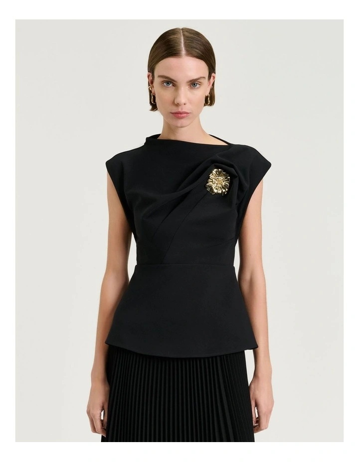 Stretch Crepe Flower Brooch Top in Black image 3