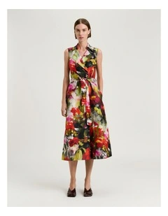 Painterly Bloom Linen Viscose Midi Dress in Multi