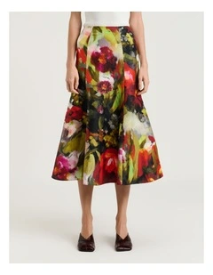 Painterly Bloom Linen Viscose Fluted Skirt in Multi