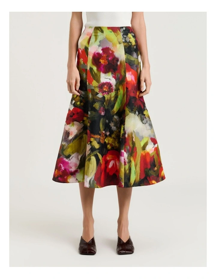 Painterly Bloom Linen Viscose Fluted Skirt in Multi image 1