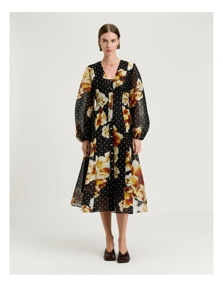 Spot Floral Linen Silk Midi Dress in Black image 1