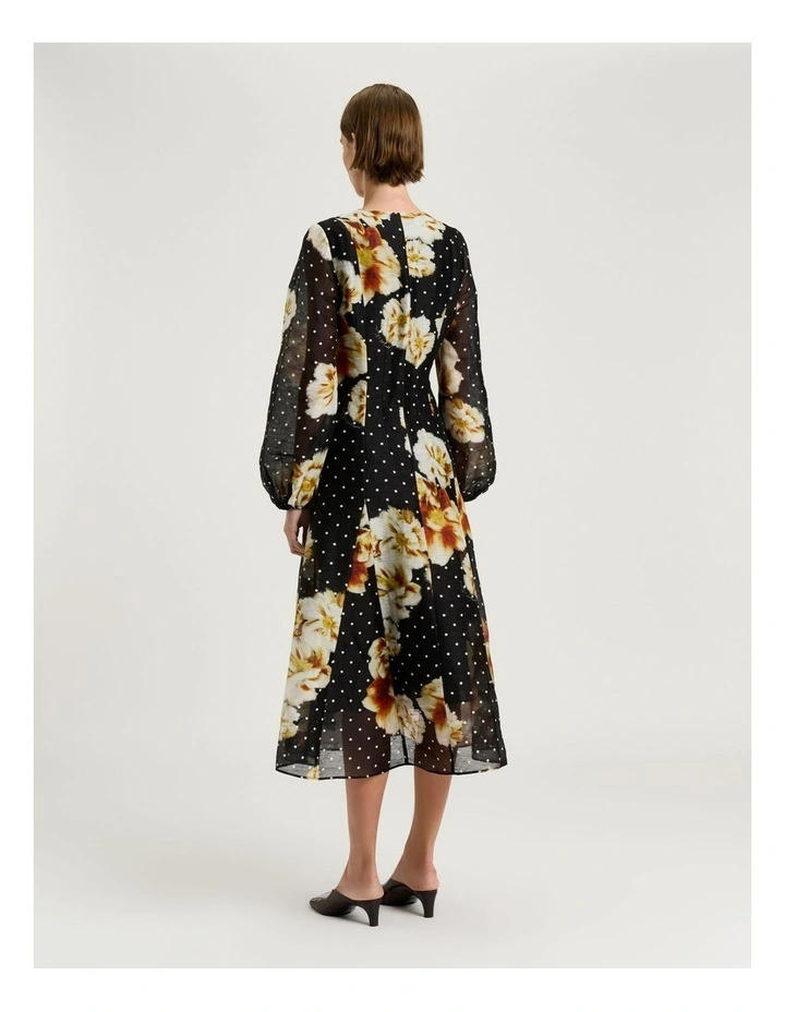 Spot Floral Linen Silk Midi Dress in Black image 2