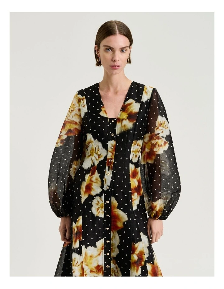 Spot Floral Linen Silk Midi Dress in Black image 3