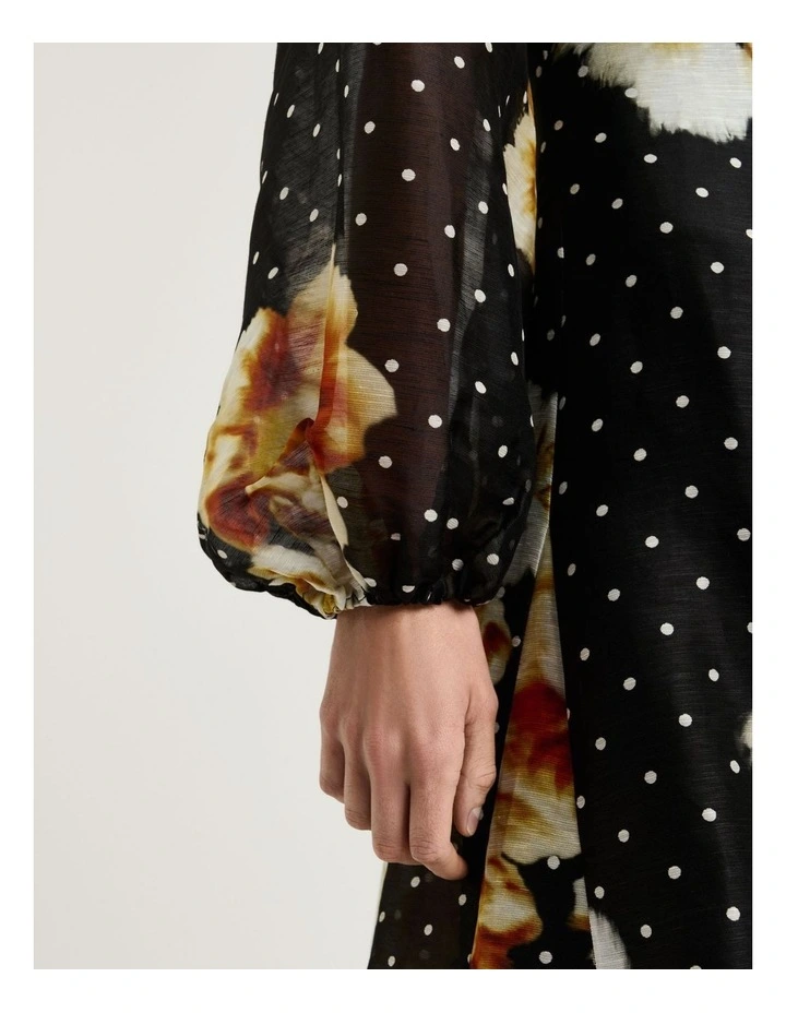 Spot Floral Linen Silk Midi Dress in Black image 4