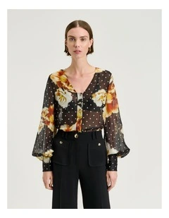 Spot Floral Linen Silk Blouse in Black