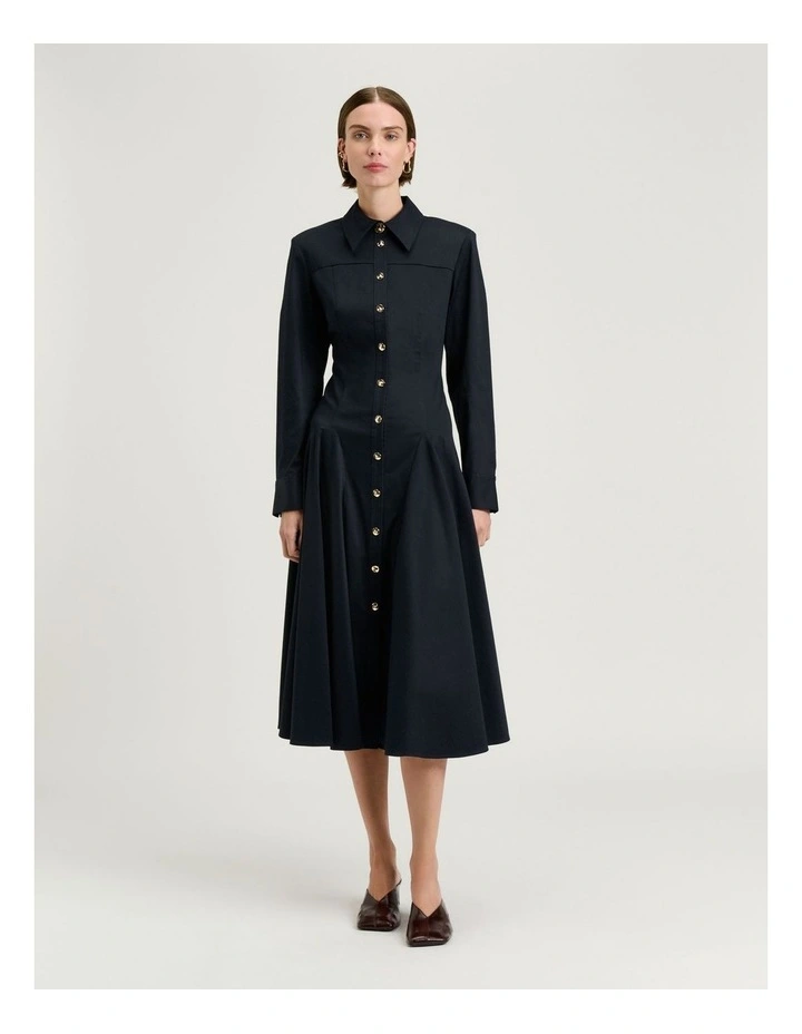 Stretch Cotton Sateen Shirtdress in Blue image 1