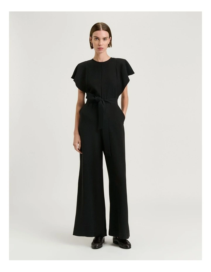 Stretch Crepe Belted Jumpsuit in Black image 1