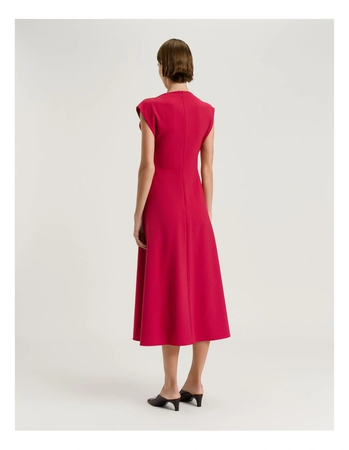 Stretch Crepe Flower Brooch Midi Dress in Pink image 2