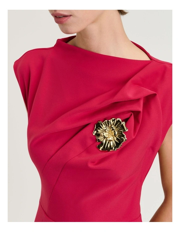 Stretch Crepe Flower Brooch Midi Dress in Pink image 4