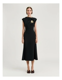 Stretch Crepe Flower Brooch Midi Dress in Black