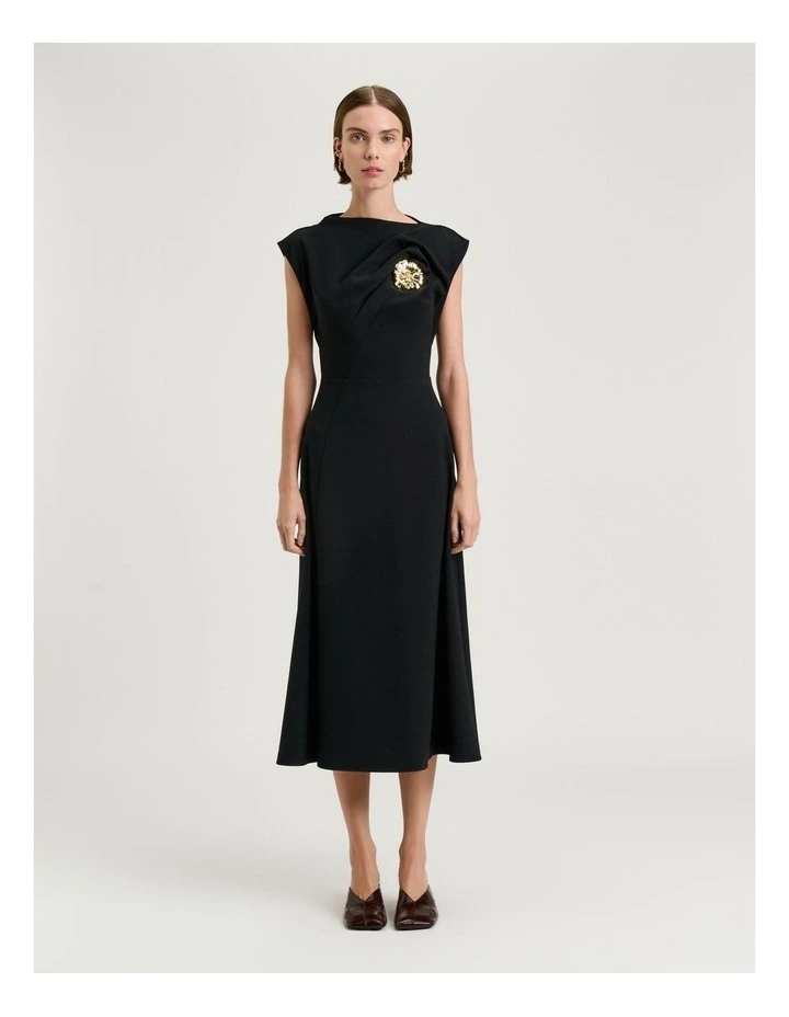 Stretch Crepe Flower Brooch Midi Dress in Black image 1