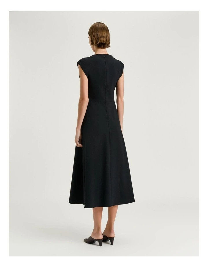 Stretch Crepe Flower Brooch Midi Dress in Black image 2
