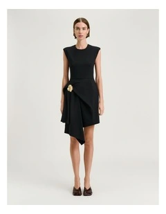 Stretch Crepe Flower Brooch Mini Dress in Black