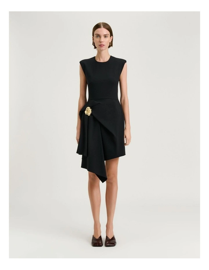 Stretch Crepe Flower Brooch Mini Dress in Black image 1