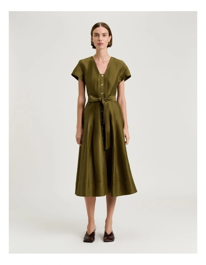 Linen Viscose Button Front Dress in Green image 1
