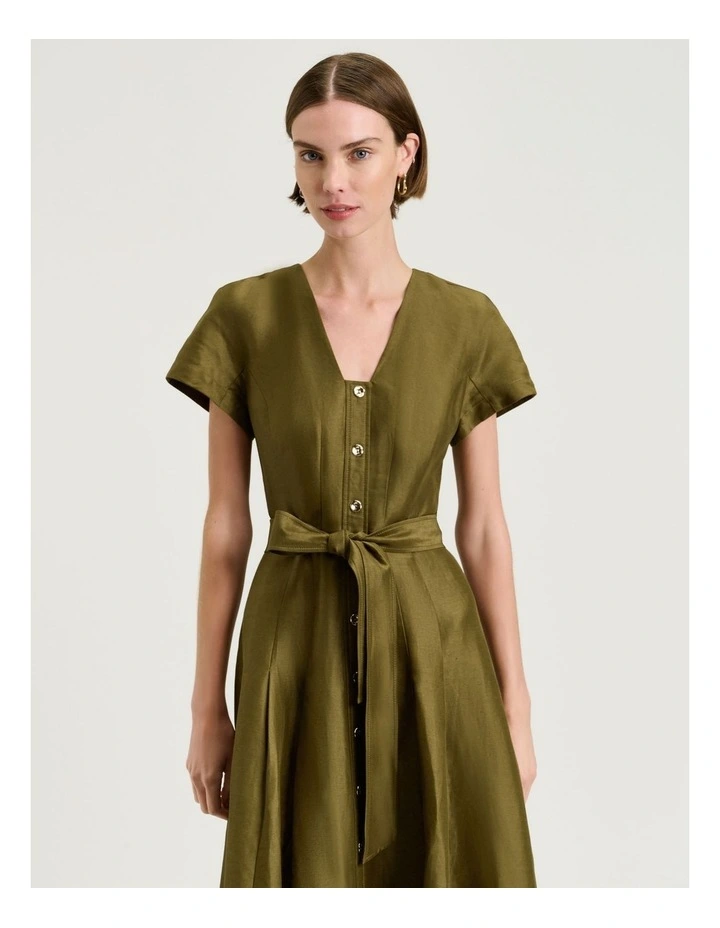 Linen Viscose Button Front Dress in Green image 3