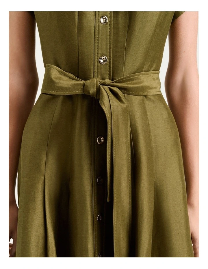 Linen Viscose Button Front Dress in Green image 4