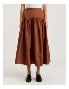 Stretch Cotton Sateen Midi Skirt in Brown
