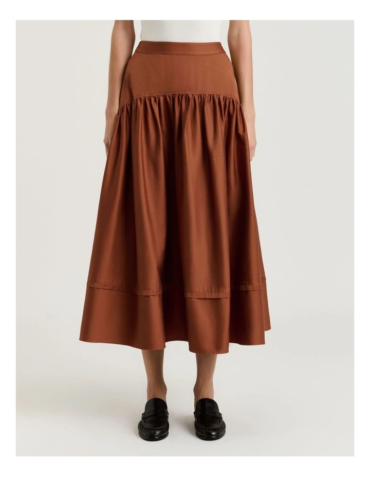 Stretch Cotton Sateen Midi Skirt in Brown image 1