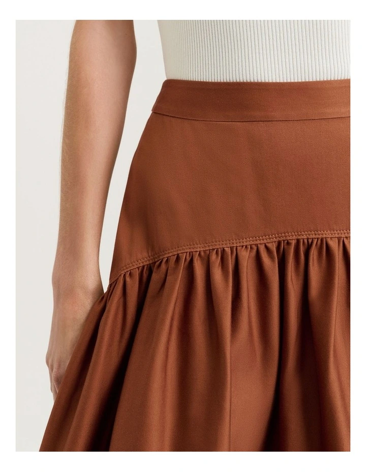 Stretch Cotton Sateen Midi Skirt in Brown image 3