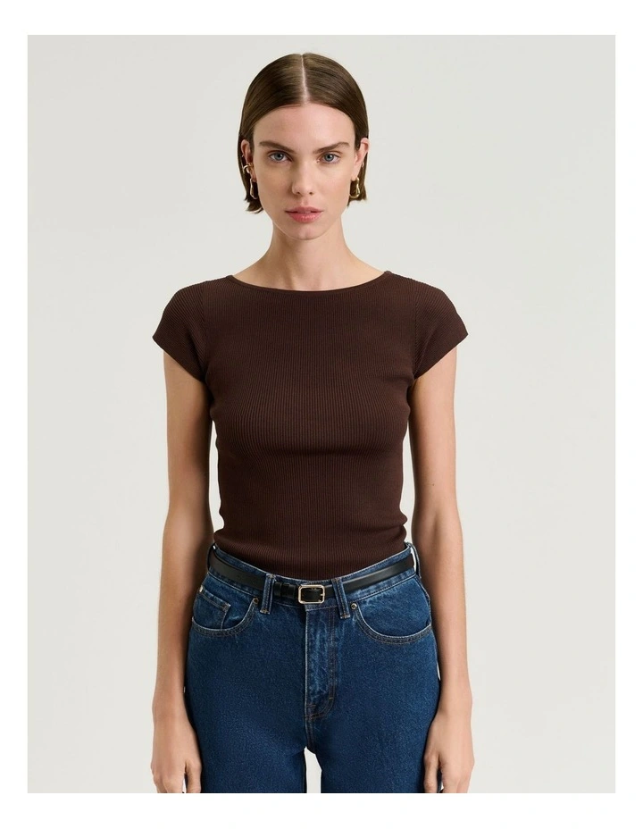 Ribbed Cap Sleeve Boat Neck Knit in Chocolate image 1