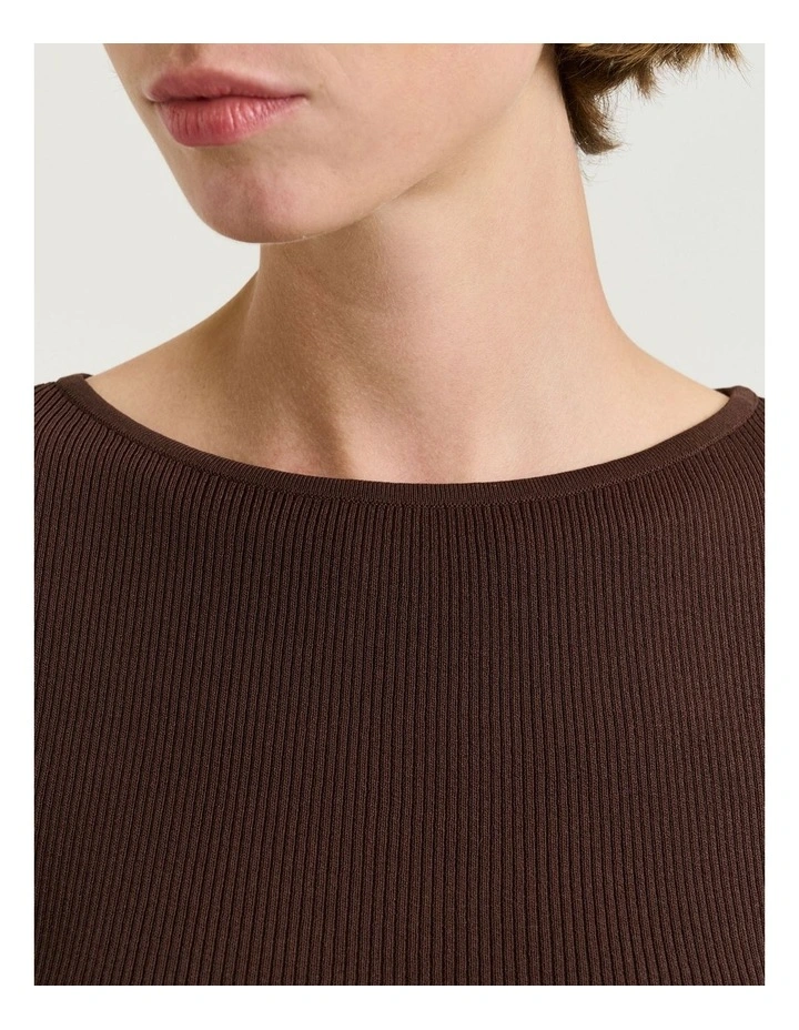 Ribbed Cap Sleeve Boat Neck Knit in Chocolate image 3