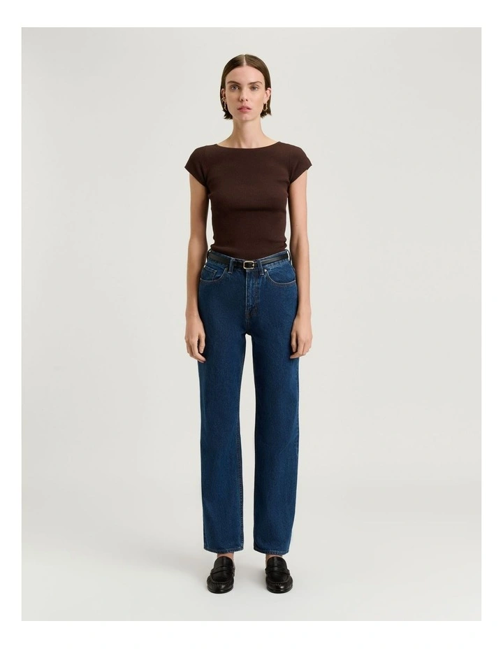 Ribbed Cap Sleeve Boat Neck Knit in Chocolate image 4