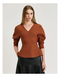 Milano Long Sleeve Peplum Top in Cognac