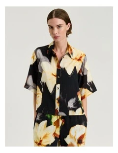 Botanical Floral Short Sleeve Shirt in Black