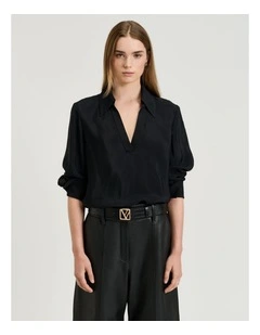 SHEER VISCOSE STRIPE COLLARED TOP