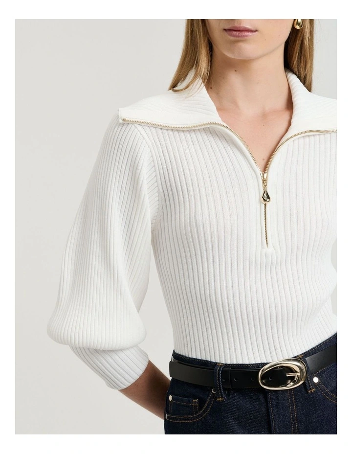 Zip Collar Blouson Sleeve Knit image 3