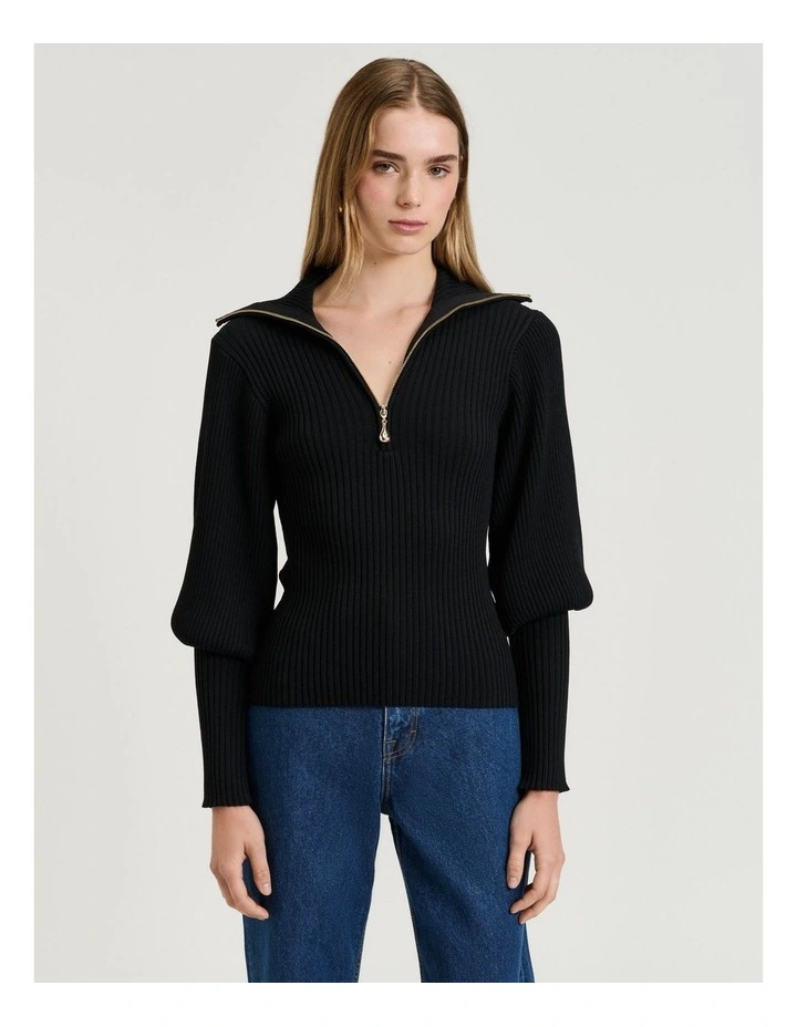 Zip Collar Blouson Sleeve Knit image 1