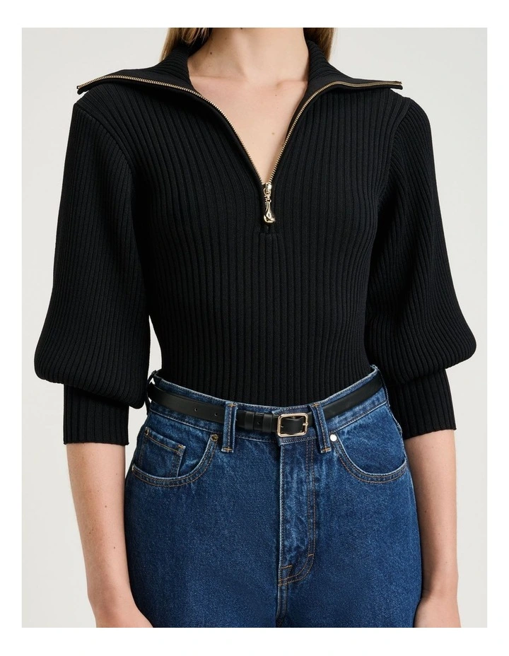 Zip Collar Blouson Sleeve Knit image 3