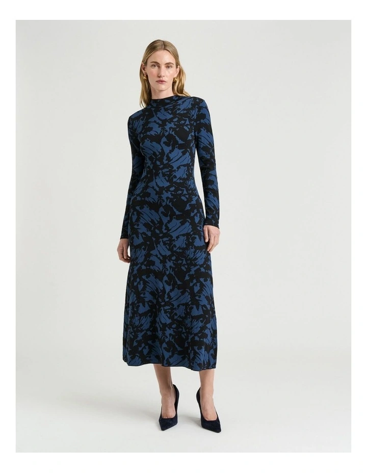 Butterfly Jacquard Knit Dress in Blue Black image 1