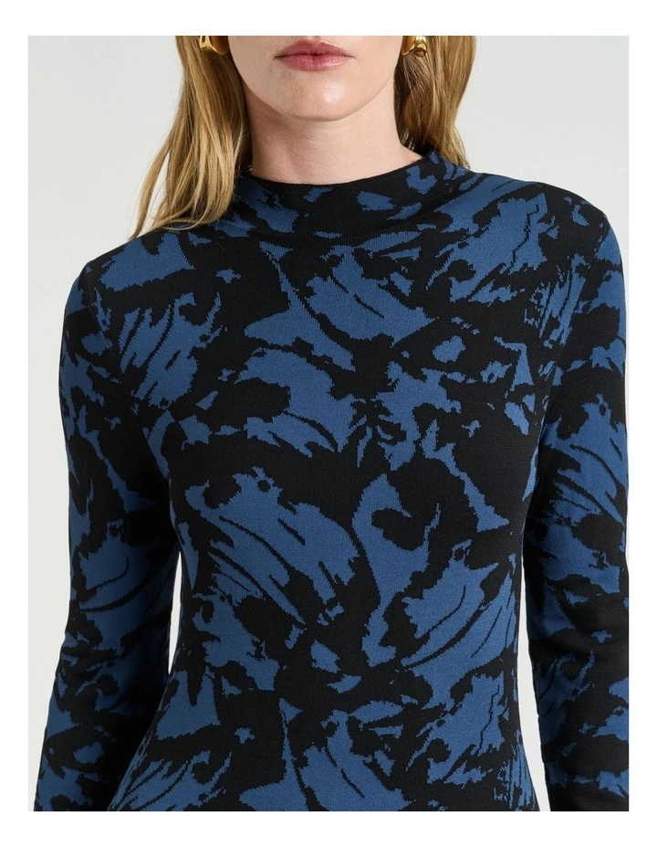 Butterfly Jacquard Knit Dress in Blue Black image 4