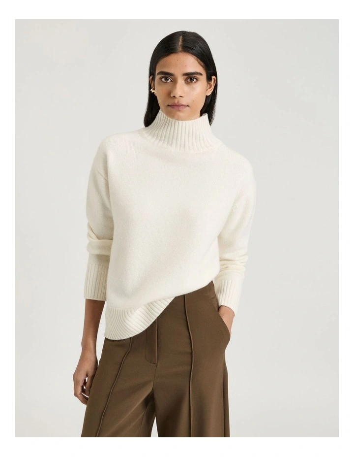 Merino Cashmere Blend Oversized Funnel Neck Sweater in Cream image 1