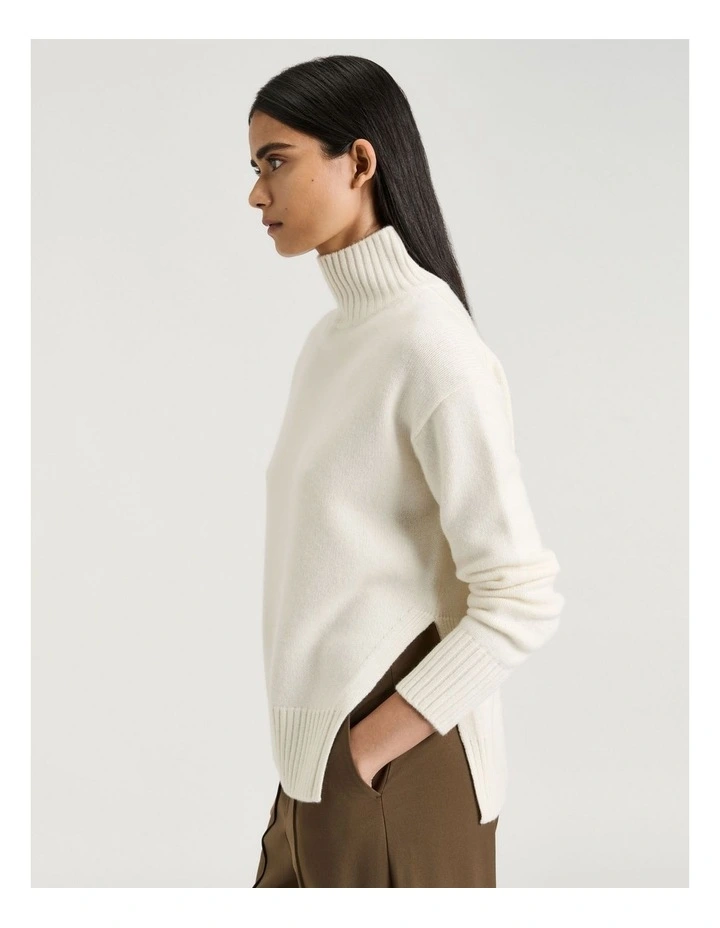 Merino Cashmere Blend Oversized Funnel Neck Sweater in Cream image 4