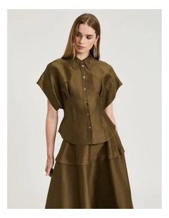 Linen Viscose Blend Hourglass Shirt in Green