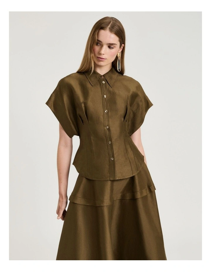 Linen Viscose Blend Hourglass Shirt in Green image 1