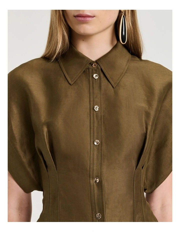 Linen Viscose Blend Hourglass Shirt in Green image 3