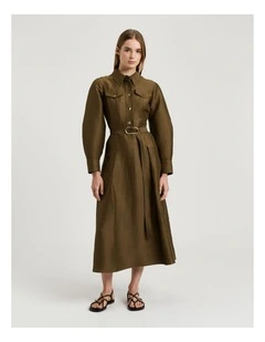 Linen Viscose Blend Belted Midi Dress in Green