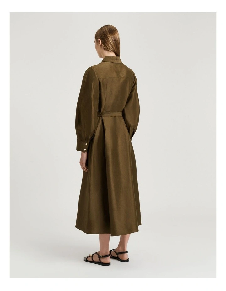 Linen Viscose Blend Belted Midi Dress in Green image 2