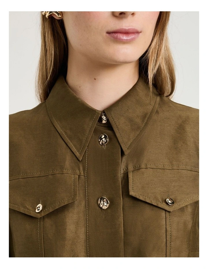 Linen Viscose Blend Belted Midi Dress in Green image 4