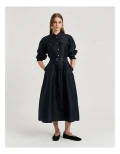 Linen Viscose Blend Belted Midi Dress in Blue