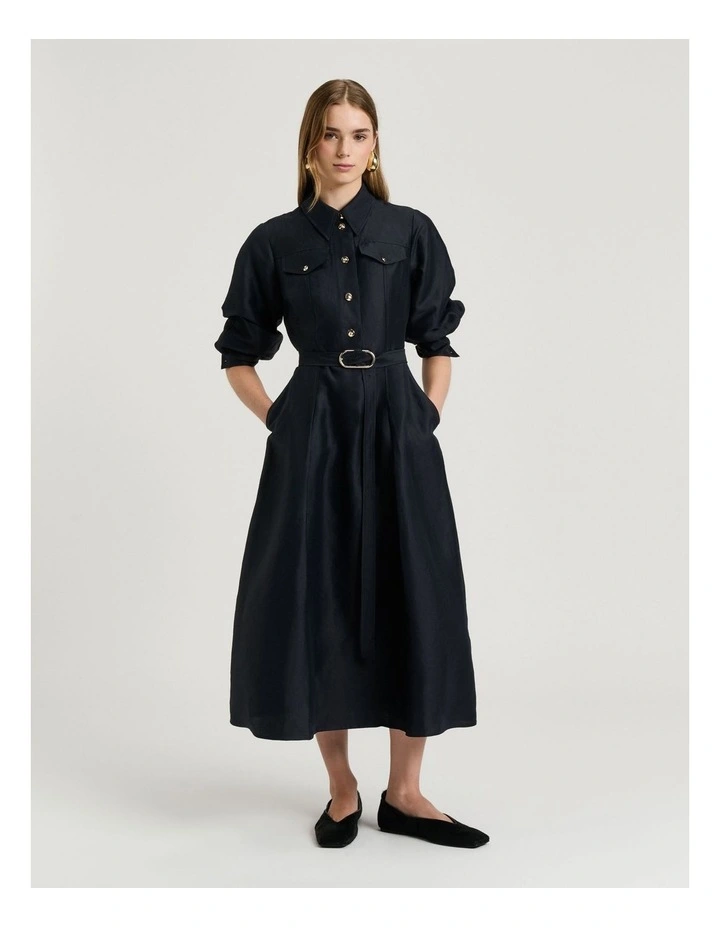 Linen Viscose Blend Belted Midi Dress in Blue image 1